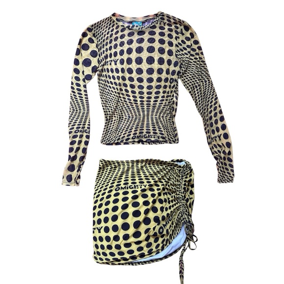 OMIGHTY yellow black mesh polka dot illusion long sleeve top and skirt set - Picture 2 of 7